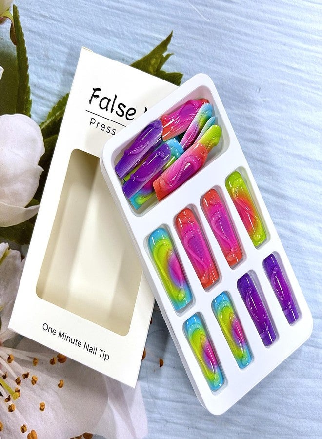 CJDLTS 3D Stereoscopic French Press on Nails - Long Square Coffin Colorful False Full Cover Artificial Acrylic Stick on DIY Glue on for Women - Manicure Kit 24Pcs - Image 4